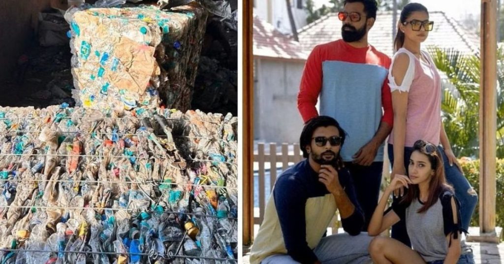 Father and son making fashionable clothes from plastic waste